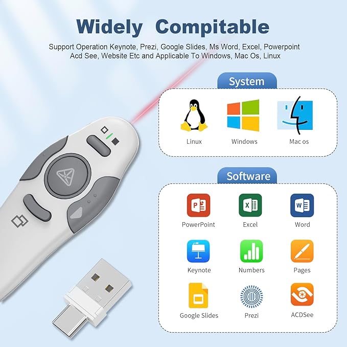 QUI Presentation Clicker Wireless Presenter Remote Clicker for PowerPoint Presentation Remote, PowerPoint Slide Advancer for Mac/Windows/Linux, Google Slide/PPT/Keynote, Type-c, Silver