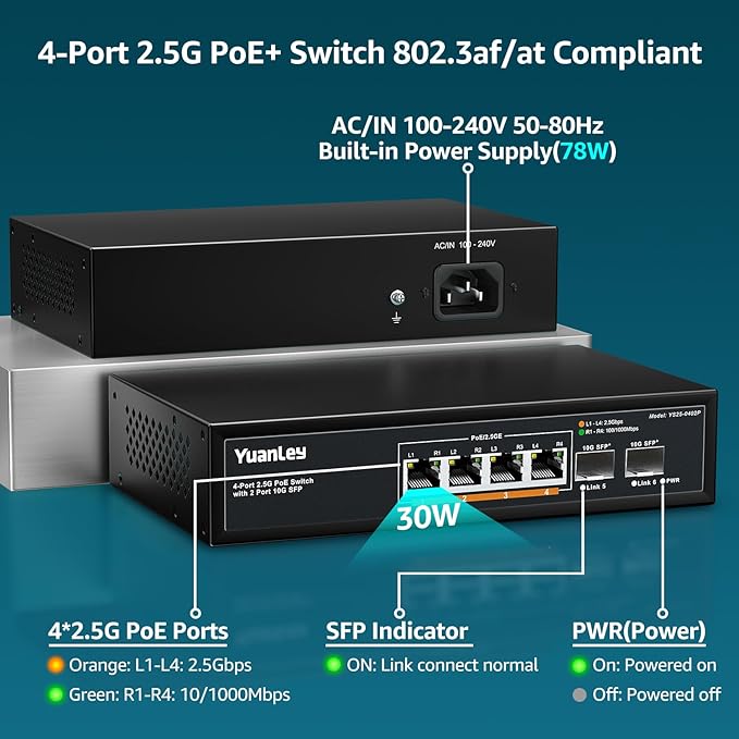 YuanLey 6 Port 2.5G PoE Switch Unmanaged, 4 x 2.5G Base-T PoE Ports, 2 x 10G SFP, IEEE802.3af/at, 78W, Compatible with 100/1000/2500Mbps, Metal Fanless, Desktop/Wall Mount 2.5Gbe Network Switch