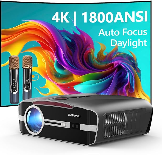 4K Projector Auto Focus HDR WiFi 6, Smart Daylight Projector 4K High Lumen 1800 ANSI LED 1080P Ultra HD Ceiling Home Theater Karaoke Movie Gaming Indoor Outdoor with Bluetooth HDMI USB Ethernet Apps