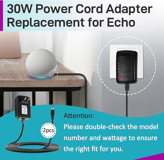 2Pcs 30W Power Adapter Replacement for Echo Show 8 (3rd Gen), Echo Show 10 (3rd Gen), Echo Show 15, Echo Show 21, Echo (3rd/4th Gen) - 5ft 30W Power Supply Adapter Charger Cable, Fast Charging Plug