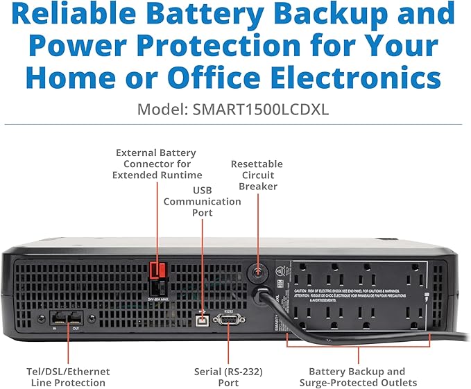 Tripp Lite SMART1500LCDXL 1500VA Rack Mount UPS Battery Backup with Expandable Run Time Option, 900W, 8 Outlets, Short Depth, 2U Rackmount UPS, AVR, LCD Screen