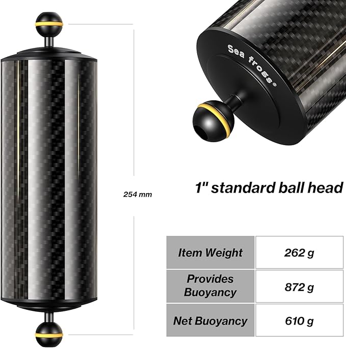 Sea frogs Carbon Fiber Float Arm D80mm, 10'', for Ultralight, Aquatic Arm, Buoyancy Provided 900g, Underwater Camera System Diving Tray Video Light/Strobe GA-11