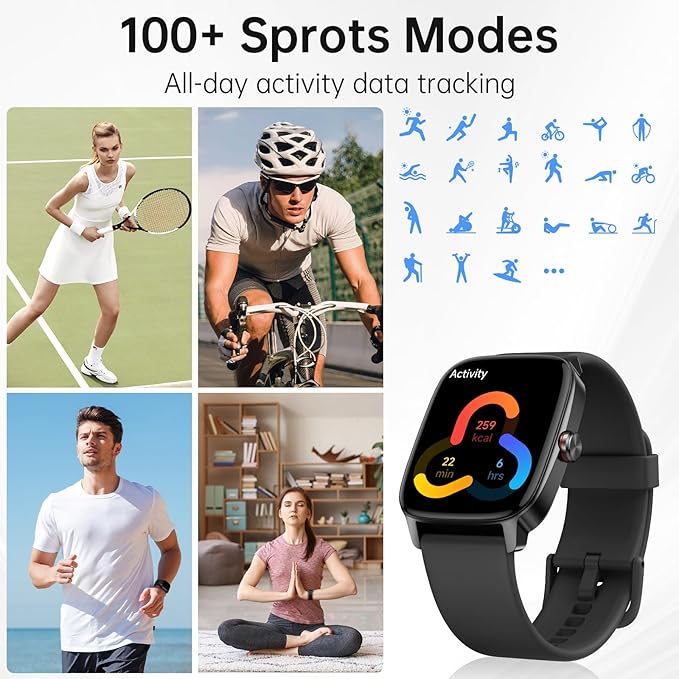 Smart Watches for Women Men with Bluetooth Call & AI Voice, 1.85" HD Fitness Tracker with Heart Rate SpO2 Sleep Monitor, 100+ Sports Modes Mini Games, IP68 Waterproof Smartwatch for Android iOS Phones