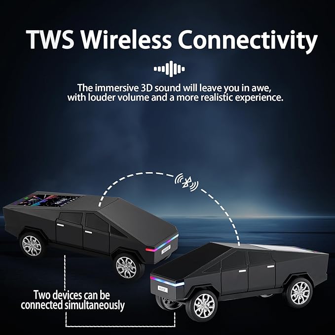 WS-580 Bluetooth Pickup Truck Replica Portable Speaker,with Display Screen,HD Sound, TWS Pairing, FM Radio,Built-in Microphone Hands-Free Calling, LED Party Light, Surprise Gift for Car Lovers(Black)