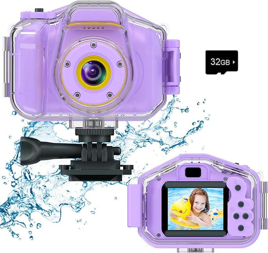 DEKER Kids Waterproof Camera, Christmas Birthday Gifts for Boys Girls Toys 3-12 Year Old, Underwater Mini Children HD Digital Action Camcorder, 2 Inch IPS Screen with 32GB Card (Lavender)