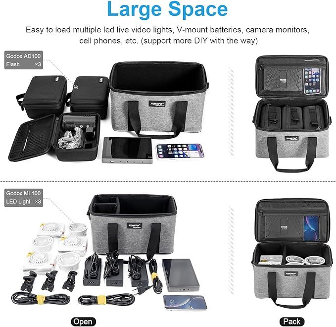 FOMITO AB-20B Foldable Camera Bag for DSLR/Gimbal/Drone 35x21x20cm Shockproof Case Foam Compartments & Carry Handle