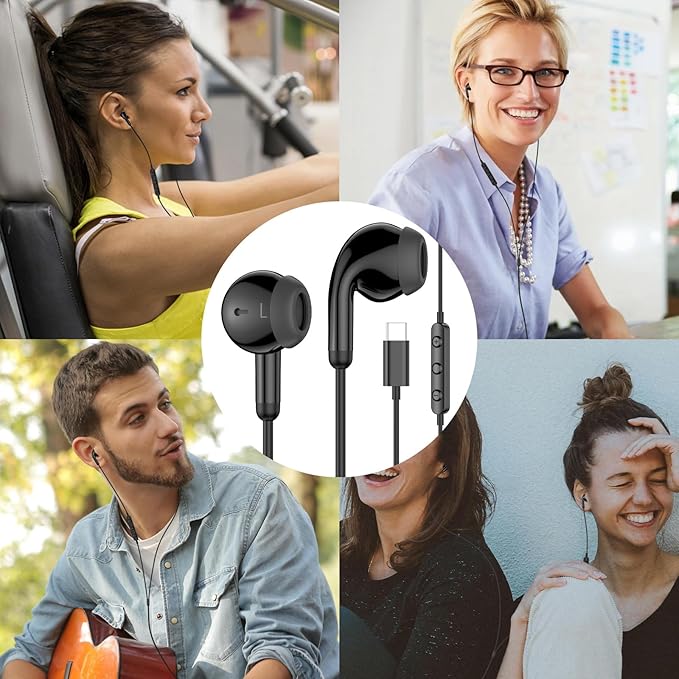 USB C Earbuds, USB Type-C Headphones for iPad 10th Generation iPhone 17 Pro 16 15 Plus iPad 11th Gen A16 Air 6 Wired Earphones with Microphone Volume Control Noise Isolating HiFi Stereo Headset Black