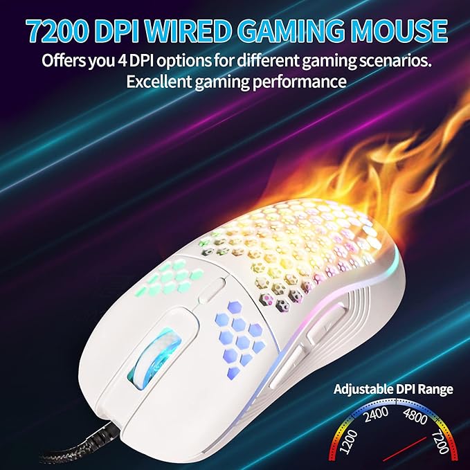 Honeycomb Wired Gaming Mouse with RGB On/Off Switch, 7200 Adjustable DPI, Ergonomic Lightweight Design & High Precision Sensor for PC/Mac Gamers (White)