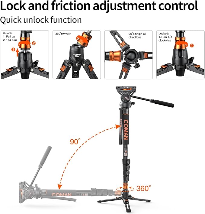 Monopod for Camera, COMAN Camera Monopod with Feet Q6 Fluid Head with Tripod Stand 70.6 inch Max Load 22 Lbs for Photography, Cameras, Canon, Nikon, Sony, DSLR, Video Camcorder