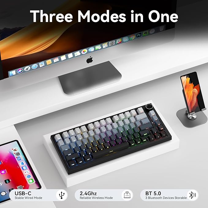 Wireless Mechanical Keyboard with Knob,Tri-Mode BT5.0/2.4GHz/USB-C Hot Swappable Mechanical Keyboard,Pre-lubed Linear Switches,8000mAH Battery RGB Backlit Computer Gaming Keyboards