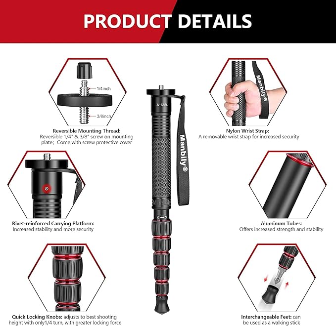 Manbily Camera Monopod Aluminum Portable Compact Lightweight Travel Monopod with Carrying Bag Walking Stick Handle,for DSLR Canon Nikon Sony Video Camcorder,6 Sections up to 61-in (A-555L)