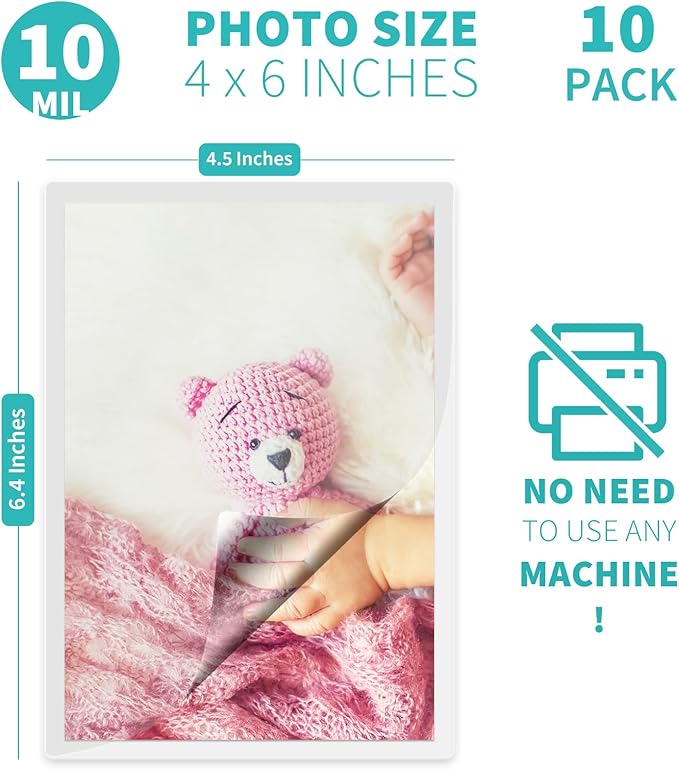 Binditek 10 Pack 10 Mil Self-Sealing Laminating Pouches, 4.5 x 6.4 Inches for Photos, Glossy Finish, No Machine Needed, 4 x 6 Inches Self-Adhesive Laminating Pouches, Office Supplies