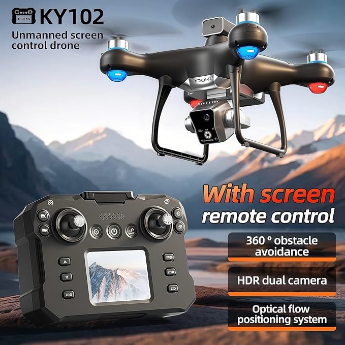 KY102 Drone with Screen Controller with SD card, Brushless Motor, Optical Flow Localization, Active Obstacle Avoidance, 2 batteries, One Key Take Off/Landing. (2 batteries - Black)