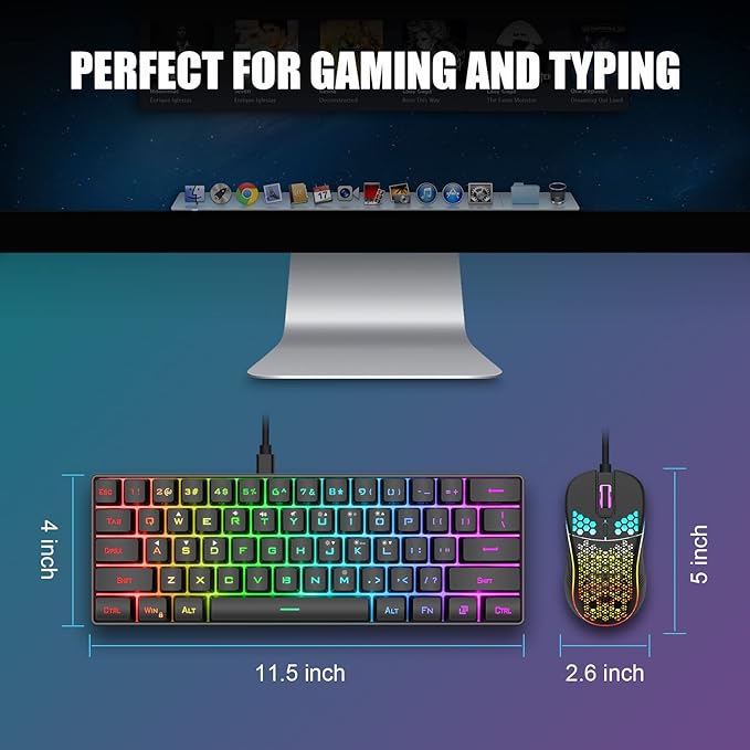 RedThunder 60% Gaming Keyboard and Mouse Combo, Ultra-Compact 61 Keys RGB Backlit Mini Keyboard, Lightweight 7200 DPI Honeycomb Optical, Wired Gaming Set for PC MAC PS5 Xbox Gamer(Black)