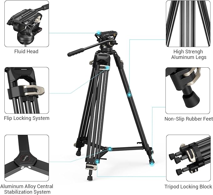 SmallRig AD-01 Video Tripod, 73" Heavy Duty Tripod with 360 Degree Fluid Head and Quick Release Plate for DSLR, Camcorder, Cameras 3751