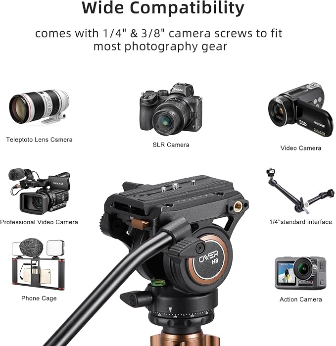 Cayer FP2450 Fluid Head Tripod, 75 inches Aluminium Video Tripod, 4-Section Compact Camera Tripod Monopod with Fluid Head for DSLR Camera, Camcorder, Load Capacity up to 13.2 Pounds