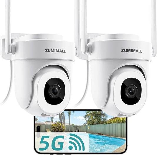 ZUMIMALL 3MP Outdoor Camera Wired 2.4G/5G WiFi - 2-Pack, 24/7 Recording, AI Motion Detection, Cloud & SD Card Storage, 2-Way Audio, PTZ Camera Auto Tracking, Work with Alexa Google