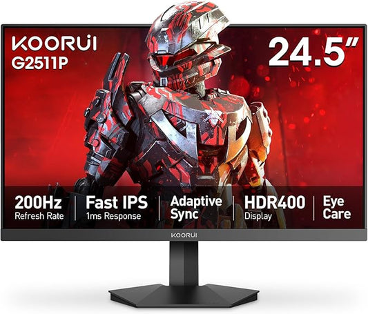 KOORUI 24.5" Gaming Monitor, 200Hz FHD 1080p IPS Display, 1ms, HDR400, 90% DCI-P3, Adaptive Sync, HDMI & DisplayPort, Black (G2511P)
