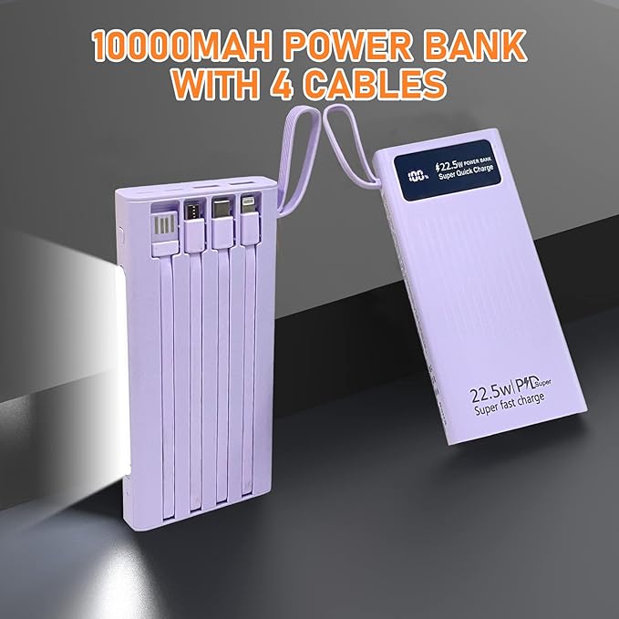 Portable Charger with Built in Cables,Mandarooker 10000mAh Power Bank with LED Lamp Fast Charging USB C External Battery Pack Phone Charger with LED Display for iPhone, Samsung and Cell Phones(Purple)