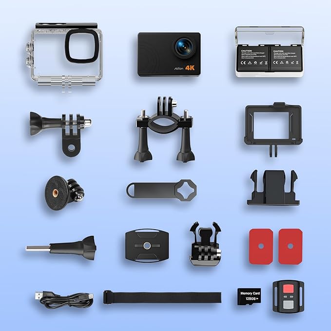 Action Camera 4K 60FPS 48MP, EIS Sports Camera with 128GB Card,131FT Underwater Waterproof Camera with Case, 2inch Touch Screen, 8X Zoom, Remote Control, Batteries & Mounting Kits