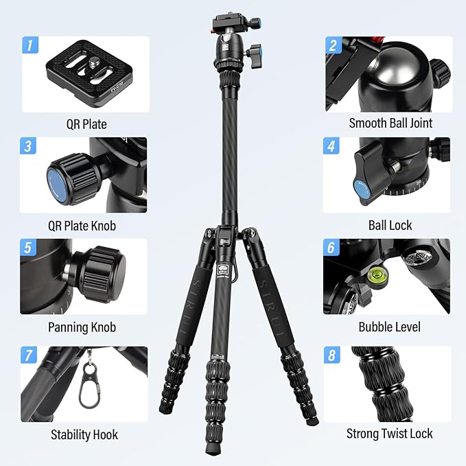 SIRUI 52" Carbon Fiber Travel Tripod, Compact Lightweight Camera Tripod, 360° Ball Head Detachable, Load 10kg/22lbs, Folded Height 13" (Traveler 5CX)