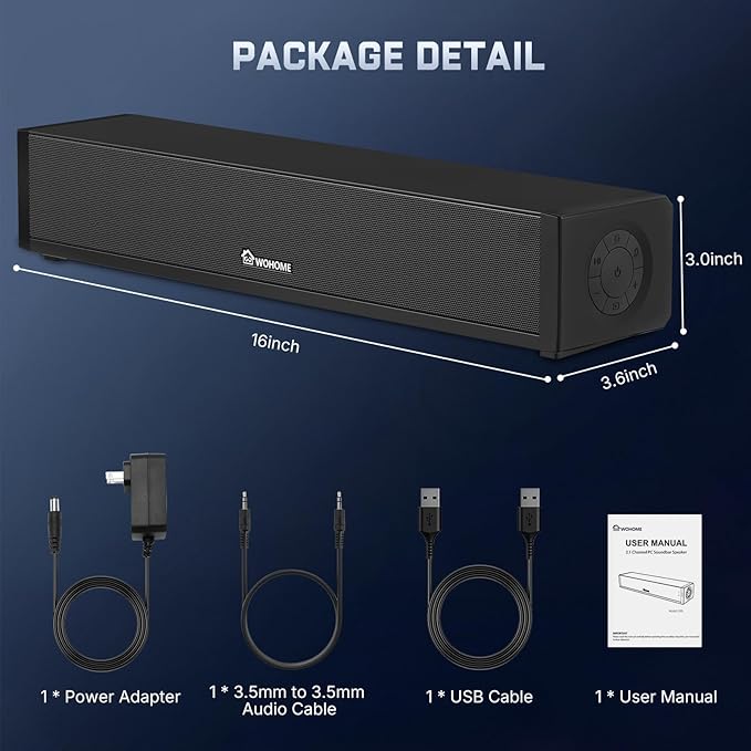 Wohome 2.1 Computer Speakers for Desktop PC, Bluetooth 5.3 Computer Sound Bar with HiFi Sound, 7 RGB Light Modes, DC Powered Laptop Speakers with 3.5mm AUX-in/USB Connected for Game, Music and Movie
