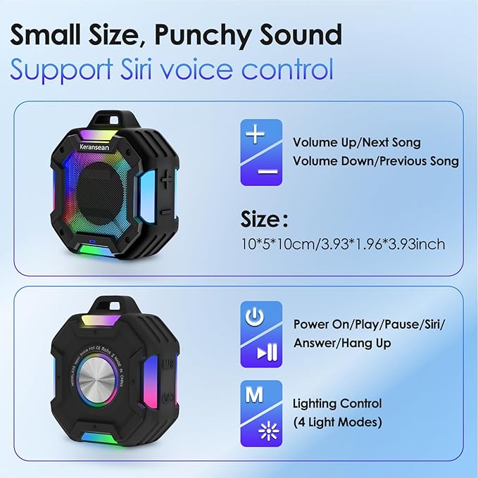 Bluetooth Shower Speaker - Portable Bluetooth Speakers, IPX7 Waterproof Shower Speaker Wireless, Outdoor Speaker with Lights, BT5.4, TWS Stereo Pairing for Paddle Board/Beach, Party, Black