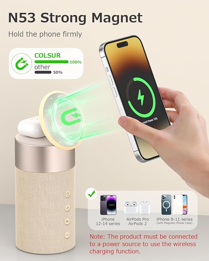 COLSUR Bluetooth Speaker, Magnetic Wireless Charger, Bluetooth Speakers with Night Light, 2 in 1 Wireless Charging Station for iPhone 16/15/14/13/12 Series, AirPods Pro/3/2（Gift Ideal）