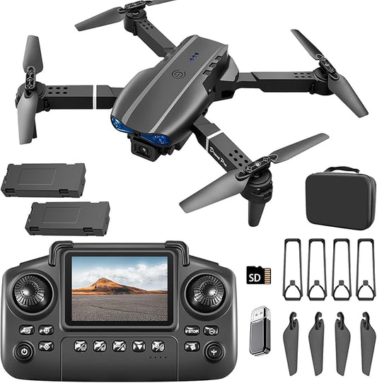 E99 Drone with Screen Controller, Two-batteries, Altitude Hold, One Key Take Off/Landing, Active Obstacle Avoidance. with Black Outdoor Carrying Case. (Black - 2 batteries)