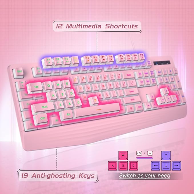 Pink Creamy Keyboard, Rainbow LED Backlit, 104 Keys Silent Light Up Gaming Keyboard with Wrist Rest, PBT Keycap, Anti-ghosting, Waterproof USB Wired Computer Keyboard for PC Mac Xbox