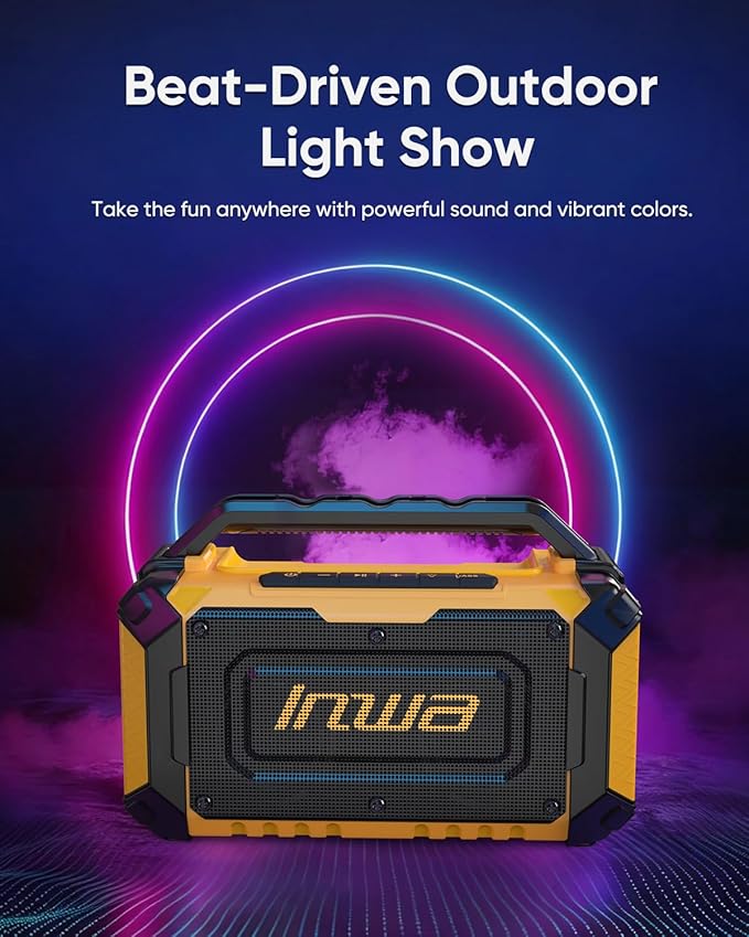 Inwa Jobsite Bluetooth Speakers, 60W Outdoor Portable Wireless Speakers, Compatible with DeWalt & Milwaukee Battery, Loud Boombox w/Bass, RGB Lights & Aux, for Work/Workshop/Garage(Golden)