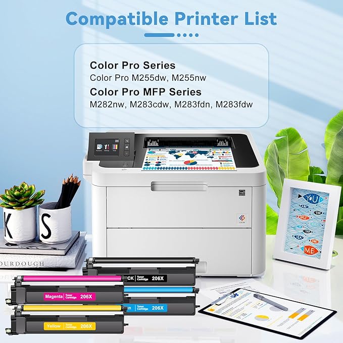 206X Toner Cartridge with Chip Compatible for HP 206X 206A W2110X W2111X W2112X W2113X High Yield with Laser Jet Color Pro M255dw M255nw, MFP M282nw M283cdw M283fdn M283fdw (Black Cyan Yellow Magenta)