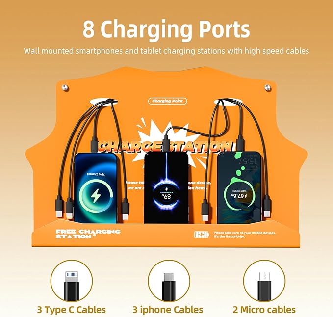 Wall Mounted Cell Phone Charging Station with 8-Port High-Speed Cables – Universal Dock for Apple, Type-C & Android Devices – Ideal for Airports, Hotels, Malls, Offices, Schools (Orange)