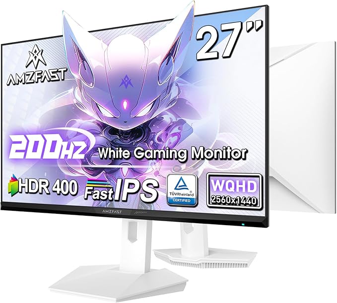 Amzfast 27 inch 1440P 200Hz/180Hz White Gaming Monitor, WQHD (2560 ×1440),MPRT 1ms Fast IPS | HDR400 & TÜV Rheinland Eye Care & Multiple Game Assistant & Two Year Warranty Exchange(HDMI & DP Cable)