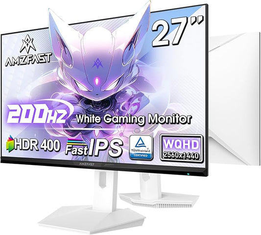 Amzfast 27 inch 1440P 200Hz/180Hz White Gaming Monitor, WQHD (2560 ×1440),MPRT 1ms Fast IPS | HDR400 & TÜV Rheinland Eye Care & Multiple Game Assistant & Two Year Warranty Exchange(HDMI & DP Cable)