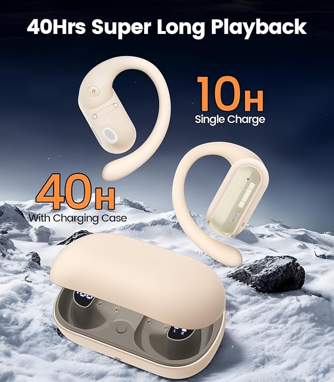 Open Ear Wireless Headphones, 40H Playtime Bluetooth Earbuds with Fast Charging, LED Digital Display, Ergonomic Earhooks, IPX7 Waterproof Earphones for Running, Workout Beige