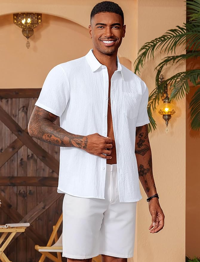 Vssjavun Mens Short Sleeve Button Down Shirts Casual Cotton Shirt Summer Beach Tops with Pocket
