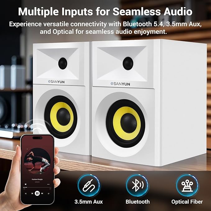 Sanyun SW205 4" Bookshelf Speakers | Immersive HiFi Audio with Virtual Surround | Flagship DAC/DSP Engine | Geometric Diffusion Cabinet | 80W, Bluetooth 5.4/Optical/AUX Inputs, Wireless Remote, White