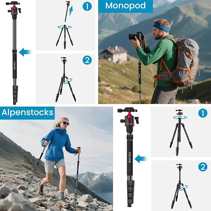 Camera Tripod, Lightweight Travel Outdoor DSLR Tripods Aluminum Tripod/Monopod, 360°Ball Head Detachable, Tripod for iPhone, ipad, DSLR,Tablet with Carry Bag