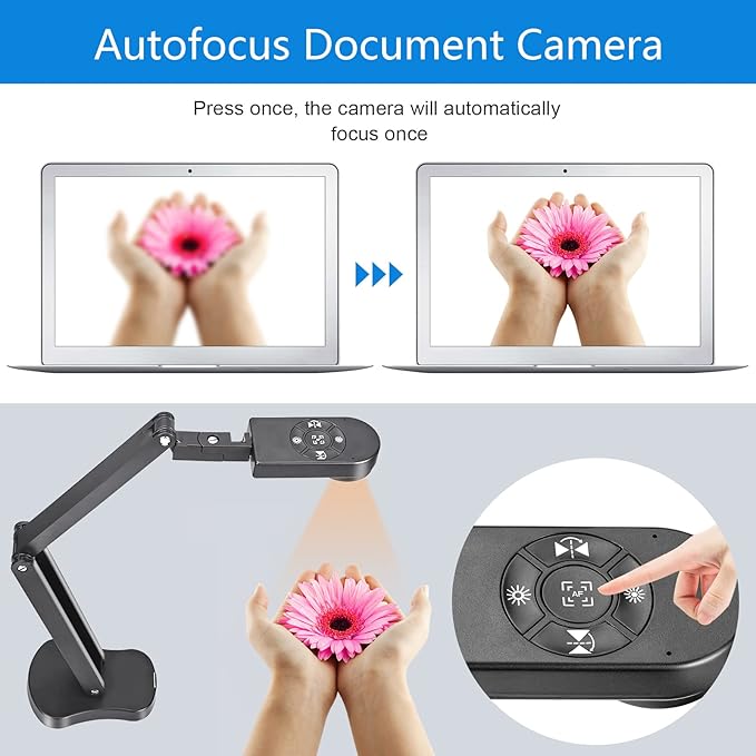 4K USB Document Camera for Teacher, 8MP Webcam & Visualiser for A3 Size with Dual Microphones, 3-Level LED Light, Image Invert, Foldable for Live Demo, Work with Windows, macOS and Chrome OS