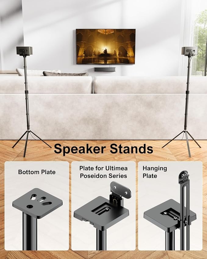 ULTIMEA 2-Pack Universal Height-Adjustable Speaker Stands, Black Floor Speaker Stand with 3KG Capacity, Extendable from 62cm to 93cm for Satellite & Bookshelf Speakers, Steady 310