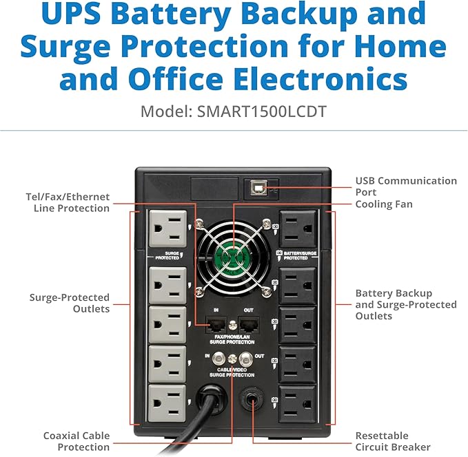 Tripp Lite SMART1500LCDT 1500VA 900W UPS Battery Back Up, AVR, LCD Display, Line-Interactive, 10 Outlets, 120V, USB, Tel & Coax Protection, 3 Year Warranty & Dollar 250,000 Insurance Black