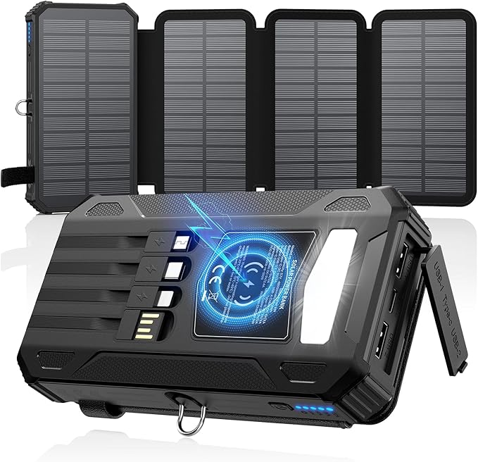 SOARAISE Solar Charger Power Bank - 48000mAh Wireless Portable Charger Built-in 4 Cables and 4 Solar Panels, PD QC 3.0 Fast Charging USB C Battery Pack with Flashlight for Camping Travel (Black)