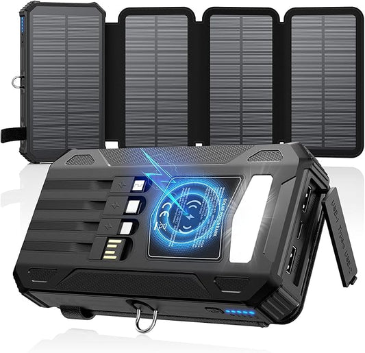 SOARAISE Solar Charger Power Bank - 48000mAh Wireless Portable Charger Built-in 4 Cables and 4 Solar Panels, PD QC 3.0 Fast Charging USB C Battery Pack with Flashlight for Camping Travel (Black)