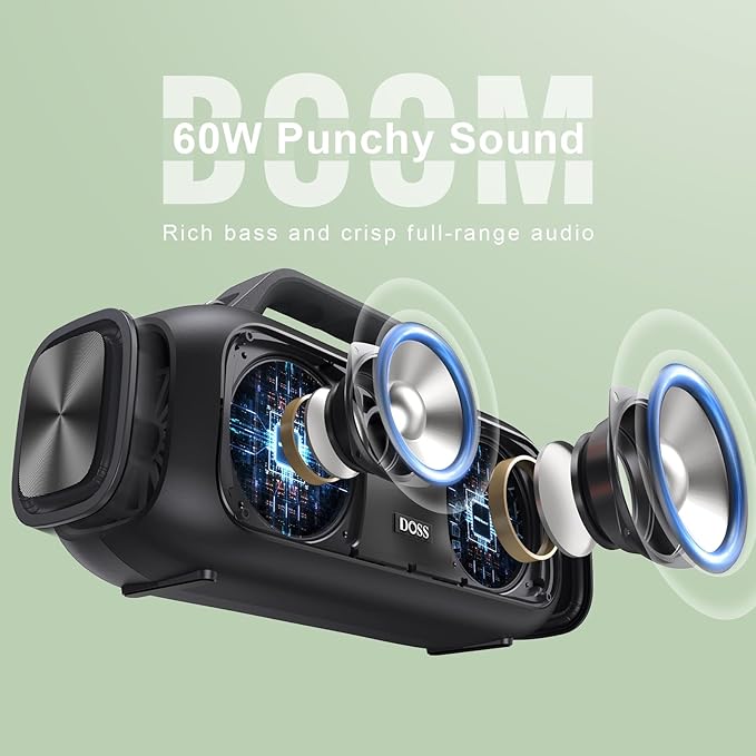 DOSS Extreme Boom Outdoor Bluetooth Speaker with 60W Mighty Sound, Deep Bass, 30H Playtime,10400mAh Power Bank, BT 5.3, IPX6 Waterproof, Portable Strap for Camping, Pool, Beach, Garage, Work