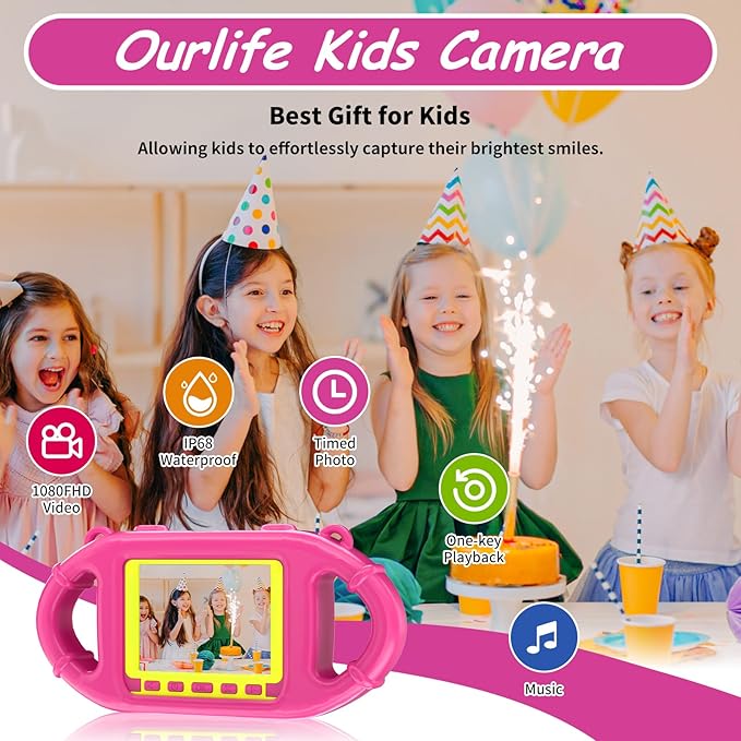 Ourlife Kids Underwater Camera,Waterproof Cameras Toys for Toddler,1080P 2.4'' Large Screen Cam Digital Camera with 8GB Card,Fill Light,Christmas Birthday Gift for Girls Ages 3-12 (Pink)