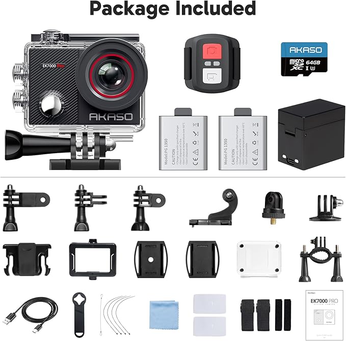 AKASO EK7000 Pro 4K30fps Action Camera with 64GB MicroSDXC U3 Memory Card Accessories Kit Bundle Ultra HD 131FT Waterproof Camera EIS WiFi Remote Control 5X Zoom Underwater Camera