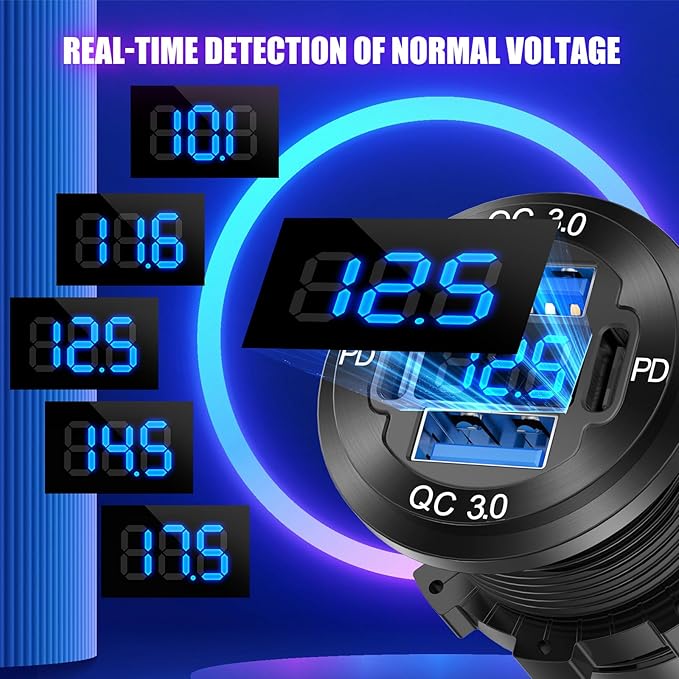 Upgraded 4 Port 12V USB Outlet Aluminum Charger, 78W Dual PD & QC Multiple USB Port for Car, USB C Cigarette Lighter Replacement 12 Volt Socket with Voltmeter Waterproof for Marine Boat Motorcycle RV
