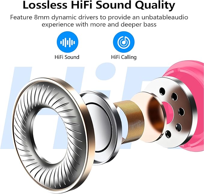 kurdene Wireless Earbuds Bluetooth 5.3 in Ear Buds Light-Weight Headphones,Deep Bass Sound,Built-in Mics Headset,Clear Calls Earphones for Sports Workout Hot Pink