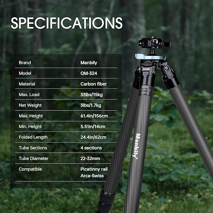 Manbily Shooting Tripod, Carbon Fiber Hunting Tripod with 32mm Legs and 38mm Ball, Picatinny to Arca Swiss Adapters, Max Load 44lbs (QM-324PA-Black)